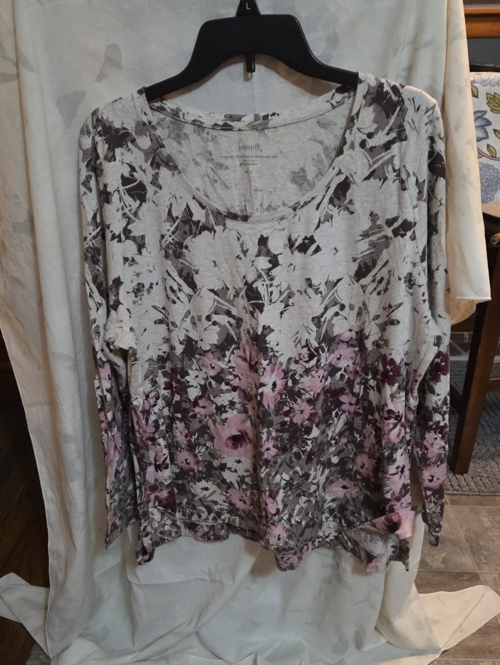J. Jill Gray Scoop Neck Long Sleeve Top with Pink Floral Pattern